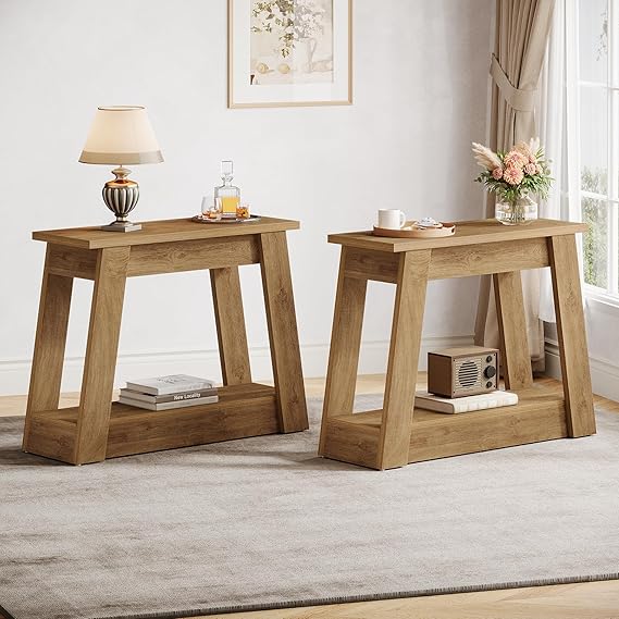 Wood End Table with 2 Storage Shelves