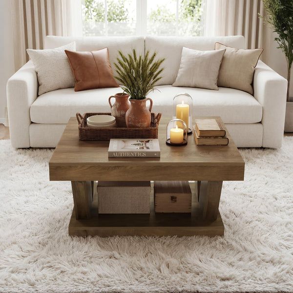 2-Tier Farmhouse Coffee Table with Storage Shelf