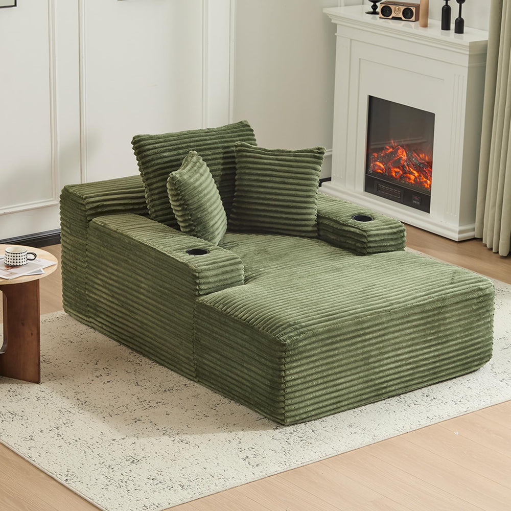 Oversized Corduroy Chaise Lounge Sofa Chair with Pillows & Cup Holders