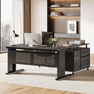 L-Shaped Executive Desk with File Cabinet and Storage Shelves
