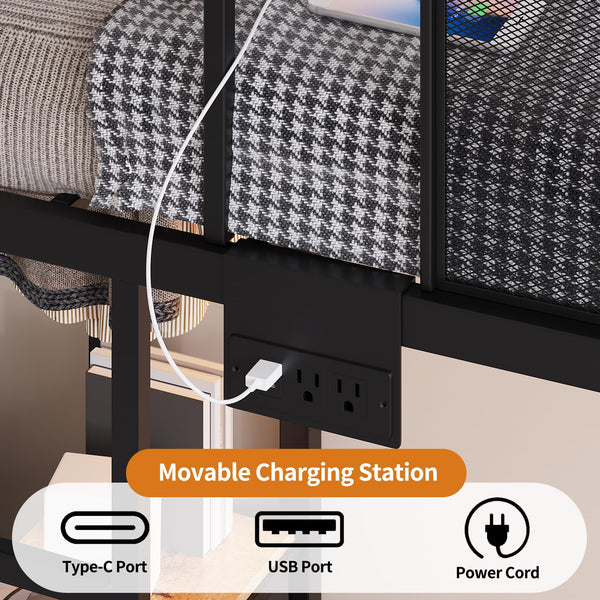 Twin Over Twin Bunk Bed with Storage Drawers, LED Lights & Charging Station