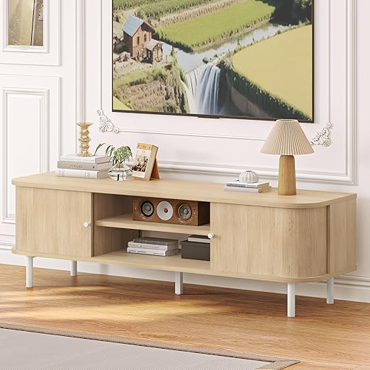 Mid-Century TV Stand with Sliding Doors & Hidden Storage