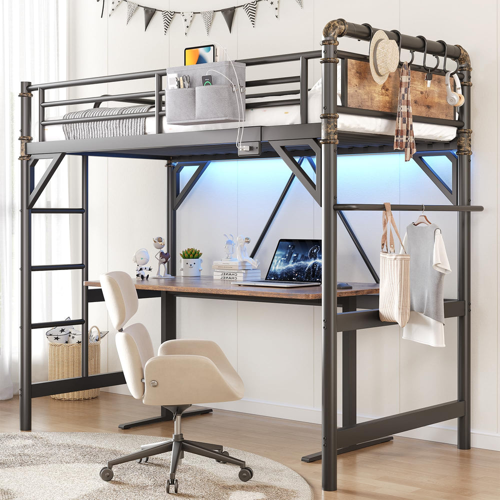 Twin Loft Bed with LED Lights & Charging Station