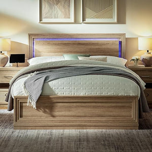 Queen Wood Bed Frame with Headboard, Footboard & RGB LED Light