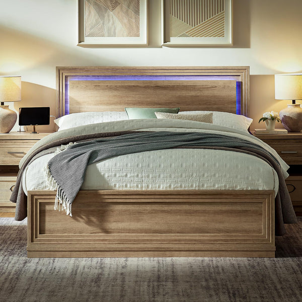 Queen Wood Bed Frame with Headboard, Footboard & RGB LED Light