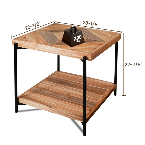 Solid Wood End Table with Metal Frame – 2-Tier Storage Shelf