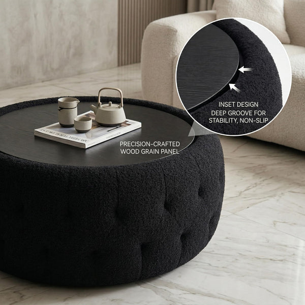 Round Storage Ottoman with Wooden Tabletop – Tufted Teddy Fleece, 30.5"