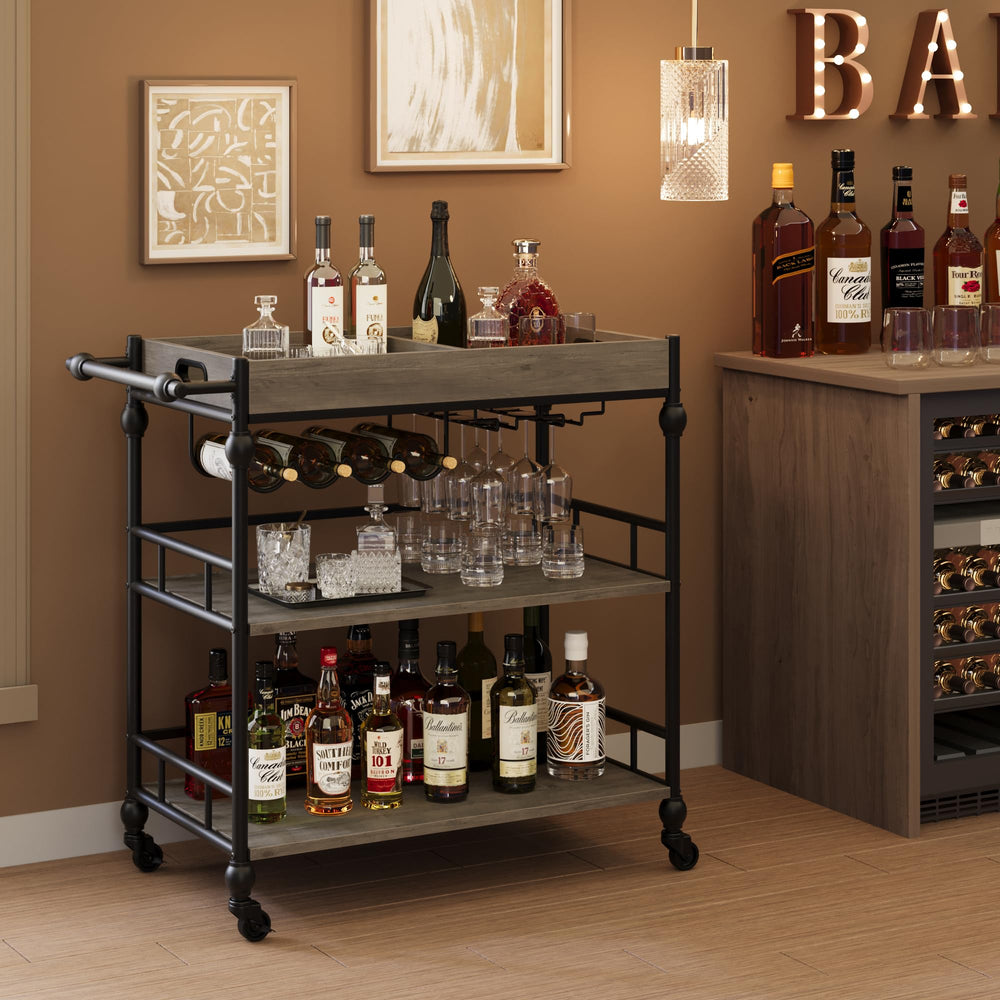 3-Tier Rolling Bar Cart with Wine Rack & Removable Tray