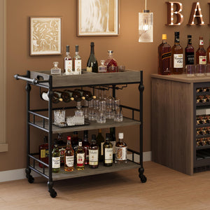 3-Tier Rolling Bar Cart with Wine Rack & Removable Tray
