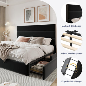 Queen Platform Bed Frame with Storage Drawers & Velvet Headboard