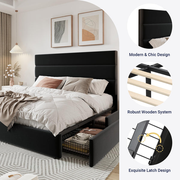 Queen Platform Bed Frame with Storage Drawers & Velvet Headboard