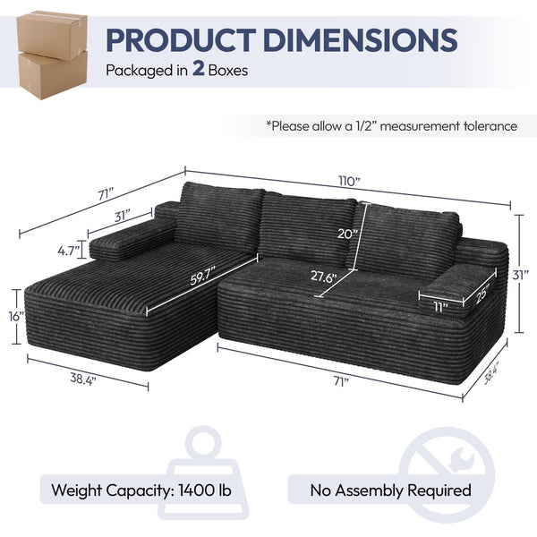 L-Shaped Modular Sectional Sofa with Chaise – Corduroy Cloud Couch, No Assembly