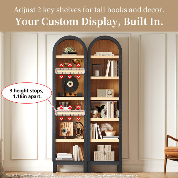 69" Tall Skinny Bookshelf with Arched Top & Adjustable Shelves