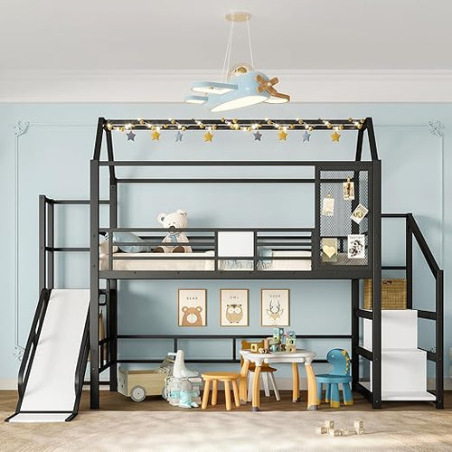 Twin Loft Bed with Slide, Stairs & Storage