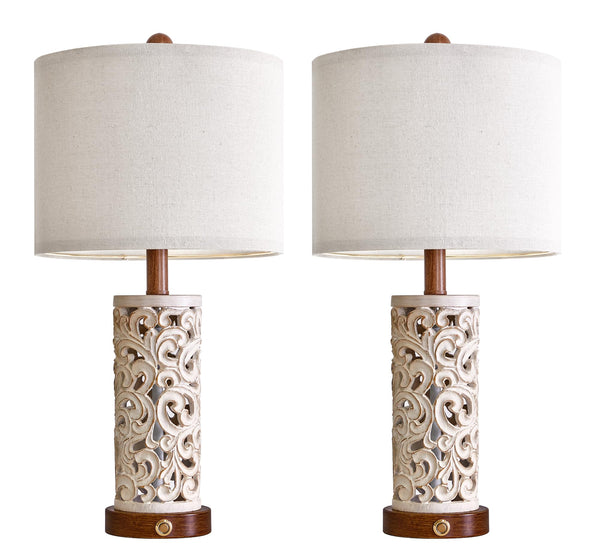 22" Dual Light Table Lamps Set of 2 with USB Charging & Touch Dimmer