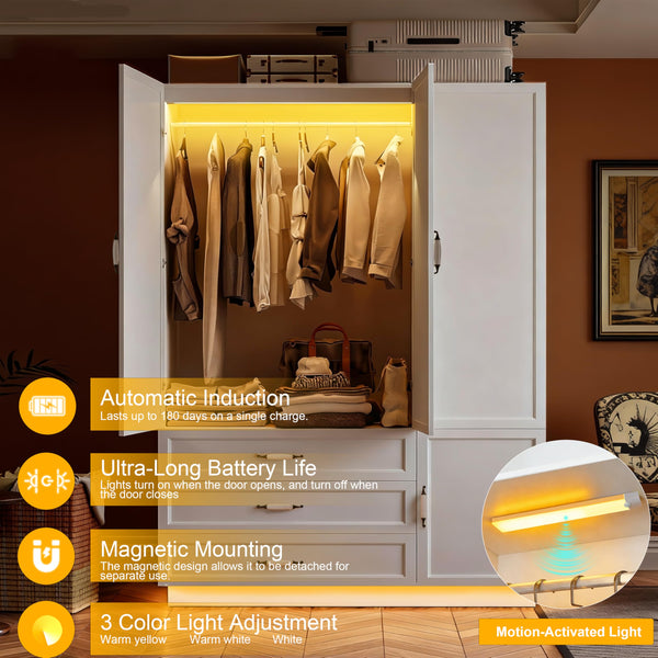 72" 3-Door Wardrobe Armoire with LED Light & Drawers