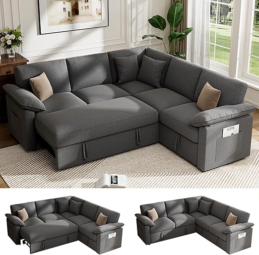 L-Shaped Sectional Sleeper Sofa with Pull-Out Bed and Storage