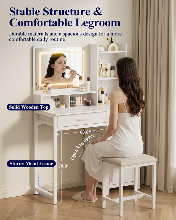 Lighted Vanity Desk with Mirror & Storage Drawers