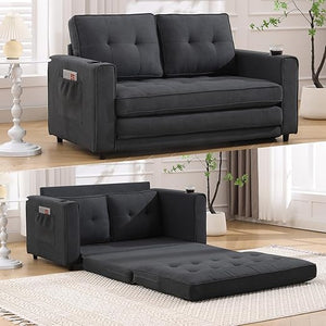 55" Convertible Loveseat Sofa Bed with Side Pockets & Cup Holder