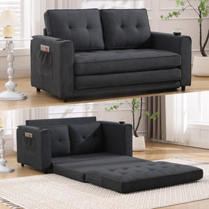 55" Convertible Loveseat Sofa Bed with Side Pockets & Cup Holder