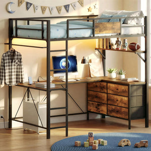 Twin Loft Bed with L-Shaped Desk, LED Lights & Storage