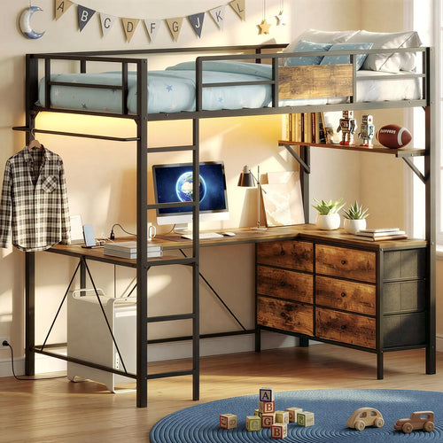 Twin Loft Bed with L-Shaped Desk, LED Lights & Storage