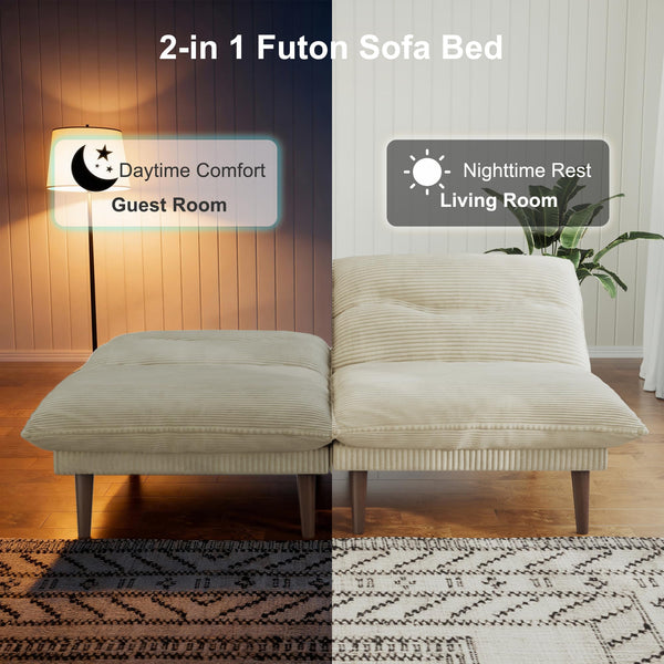 Convertible Futon Sofa Bed with Adjustable Backrest – 75 Inch Corduroy Loveseat