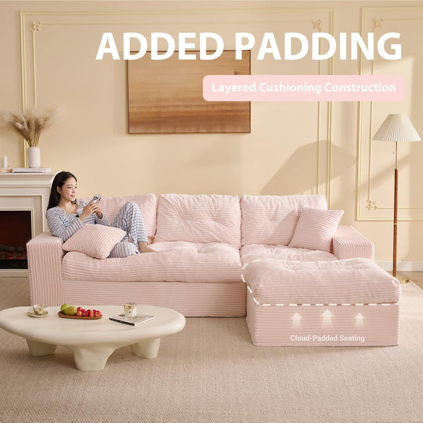 Modular L-Shaped Sectional Sofa with Ottoman – Corduroy Deep Seat, 102"