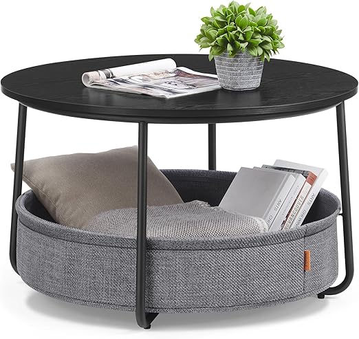Round Coffee Table with Fabric Storage Basket & Metal Frame