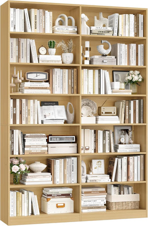 7-Tier Dual-Row Bookshelf with 14 Open Shelves