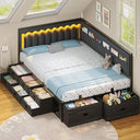 Full Corner Bed Frame with Storage Drawers, RGB Lights & L-Shaped Guardrail