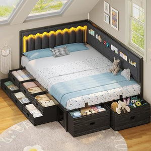 Full Corner Bed Frame with Storage Drawers, RGB Lights & L-Shaped Guardrail