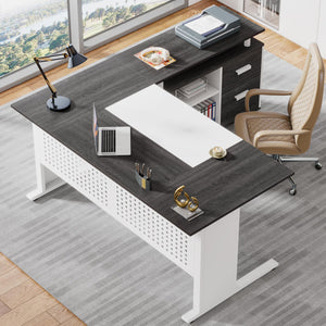 L-Shaped Executive Desk with File Cabinet & Storage Shelves
