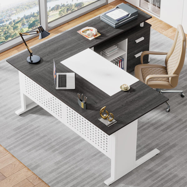 L-Shaped Executive Desk with File Cabinet & Storage Shelves