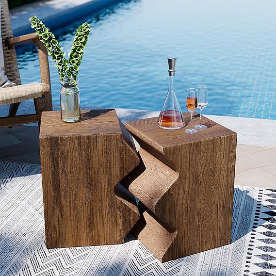 Concrete Nesting Side Table Set of 2 – Round & Rectangular Outdoor Accent Tables