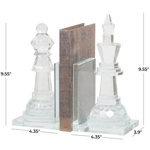 Crystal Chess Bookends Set of 2 – Clear Glossy Glass, 9.55" H