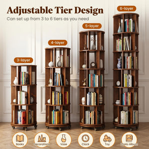 6-Tier Rotating Bookshelf Tower with Lockable Wheels