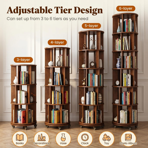 6-Tier Rotating Bookshelf Tower with Lockable Wheels