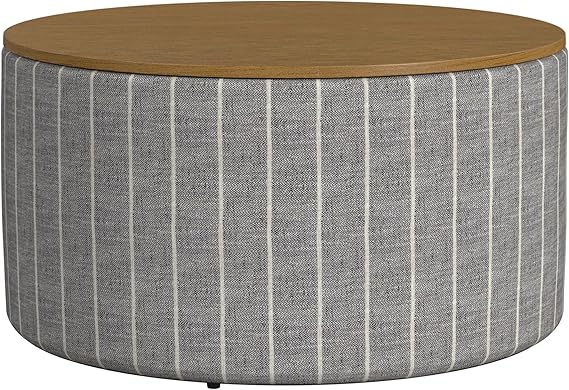 Round Storage Ottoman with Wood Top