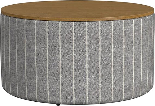 Round Storage Ottoman with Wood Top