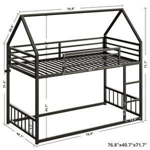 Twin Over Twin House Bunk Bed with Metal Frame, Ladder & Guardrail