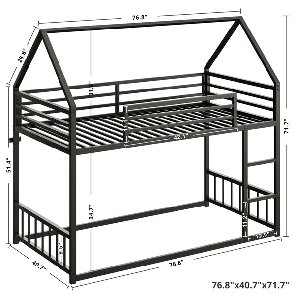 Twin Over Twin House Bunk Bed with Metal Frame, Ladder & Guardrail