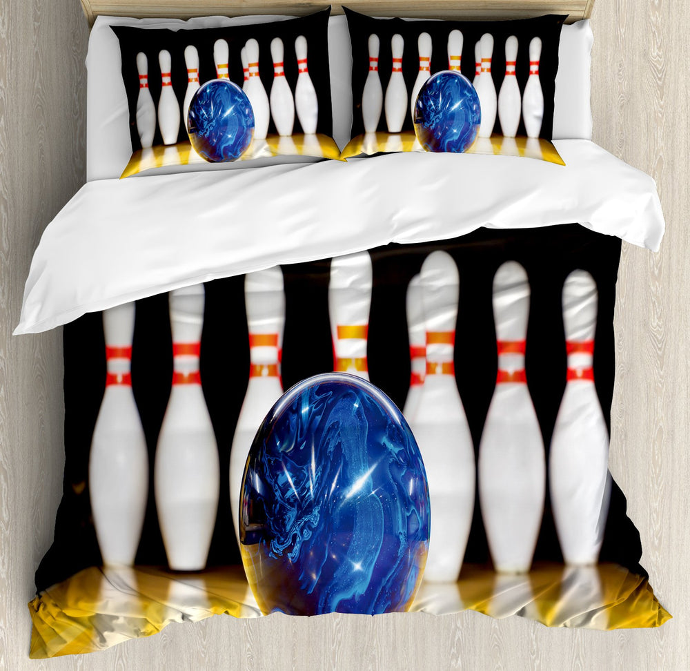 Queen Duvet Cover Set – Bowling Sports Print, Blue Yellow