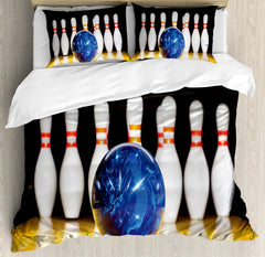 Queen Duvet Cover Set – Bowling Sports Print, Blue Yellow
