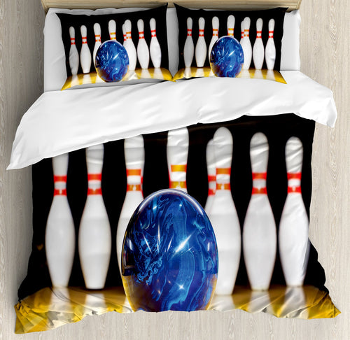 Queen Duvet Cover Set – Bowling Sports Print, Blue Yellow