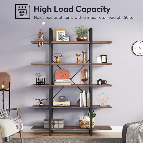 5-Tier Industrial Bookshelf 72" Tall – Metal Frame & Wood Shelves