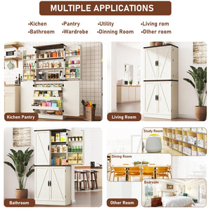 71" Farmhouse Kitchen Pantry Cabinet with Drawers & Door Shelves