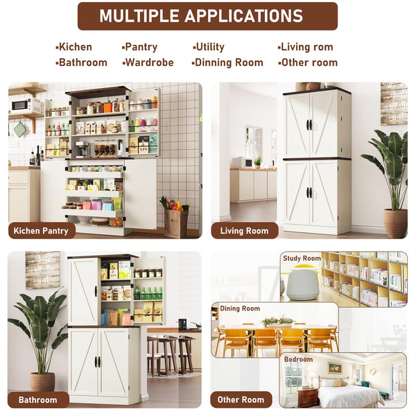 71" Farmhouse Kitchen Pantry Cabinet with Drawers & Door Shelves