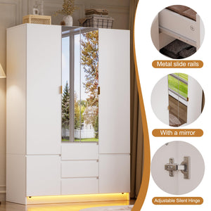 4-Door Armoire Wardrobe with LED Light & Mirror