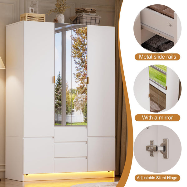 4-Door Armoire Wardrobe with LED Light & Mirror